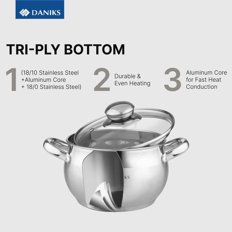 Daniks Classic 6.5 Quart Stainless Steel Stock Pot with Glass Lid, Tri-Ply Bottom for Even Heating, Induction Compatible, Dishwasher Safe - Image 3